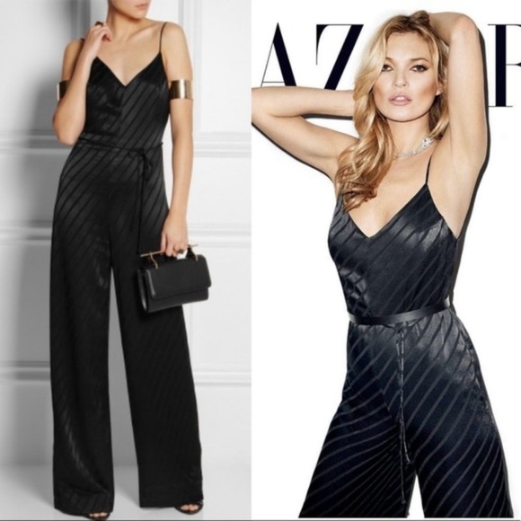 Topshop Pants - Kate Moss Topshop Satin Striped Wide Leg Jumpsuit Pantsuit Size 0 Black V Back